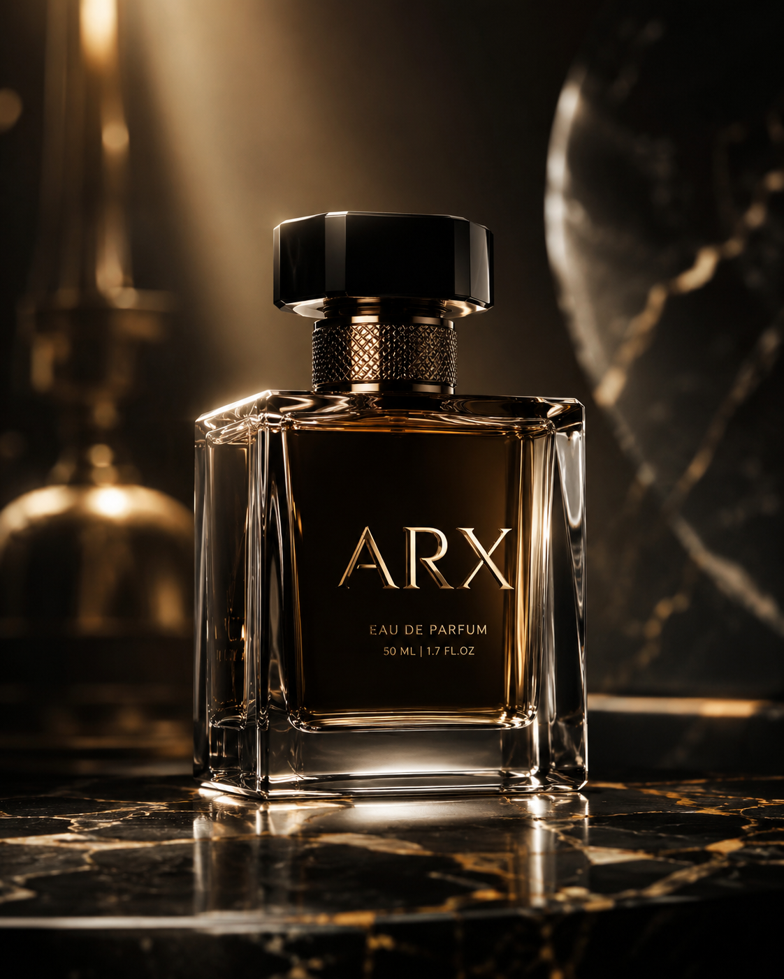 Luxury ARX Eau de Parfum bottle with amber fragrance, black faceted cap, and gold detailing on a dark marble surface.
