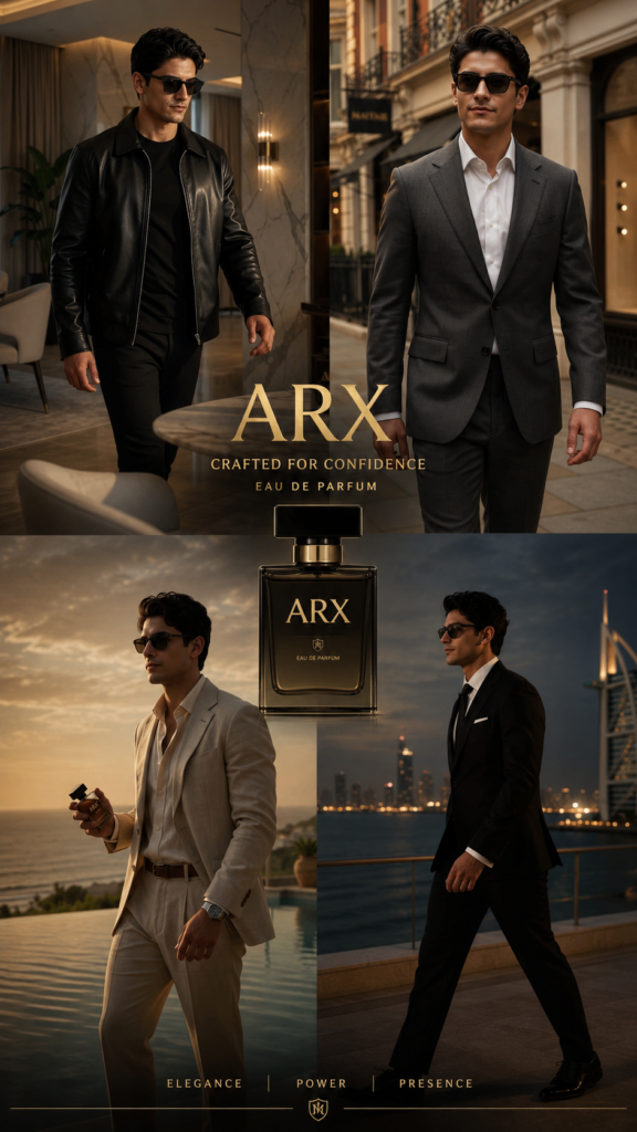 ARX Eau de Parfum luxury campaign featuring a sharply dressed man in four sophisticated lifestyle scenes with the ARX fragrance bottle.