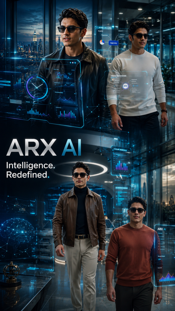 ARX AI futuristic technology campaign featuring stylish professionals surrounded by holographic data dashboards, artificial intelligence visuals, and a modern city skyline.