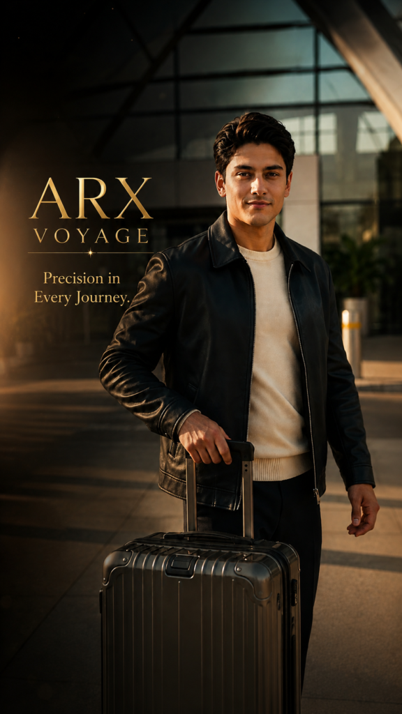 ARX Voyage luxury travel campaign featuring a stylish traveler with a premium black suitcase in a modern architectural setting.