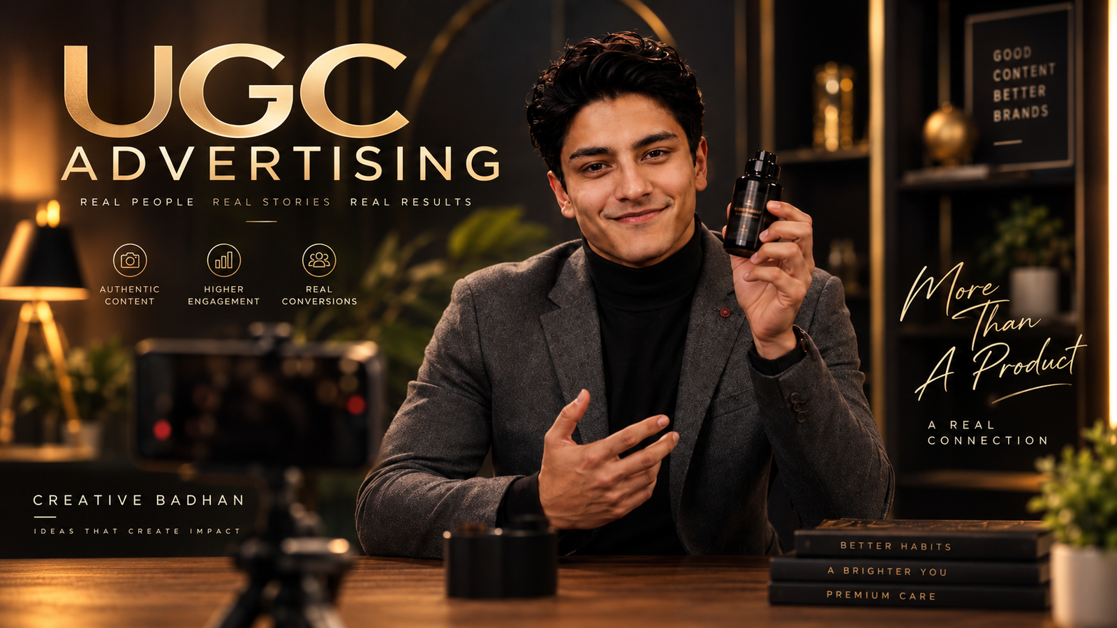 Cinematic UGC advertising campaign featuring a creator presenting a premium product with Creative Badhan branding