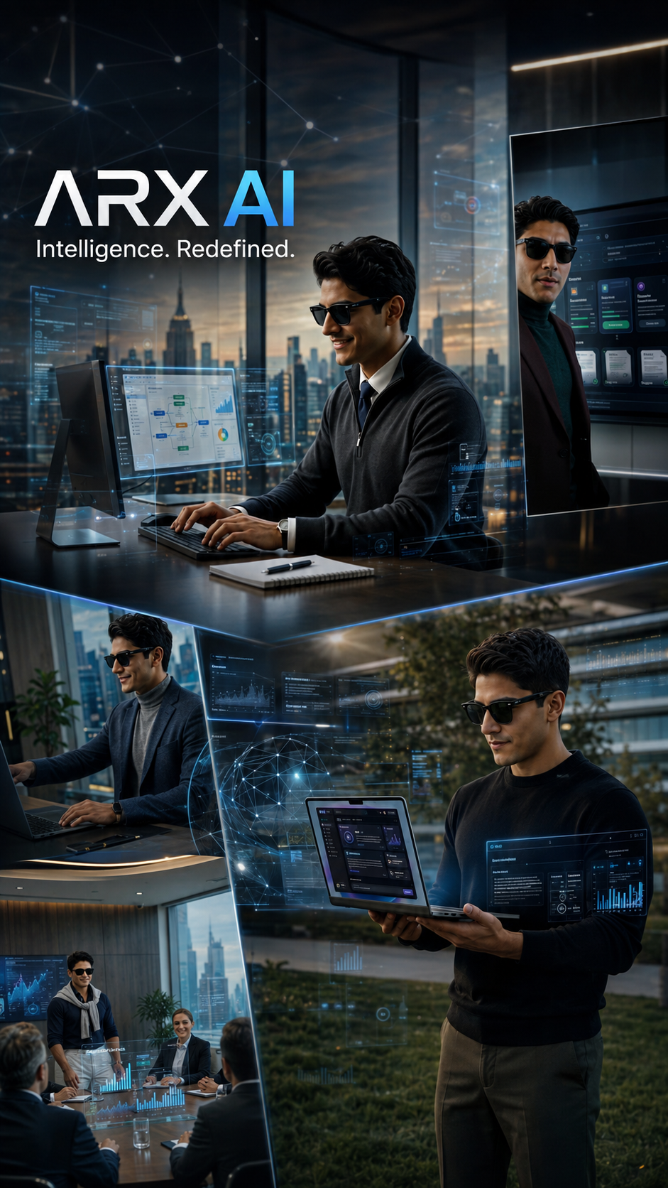 ARX AI futuristic artificial intelligence technology concept featuring professionals using advanced digital platforms