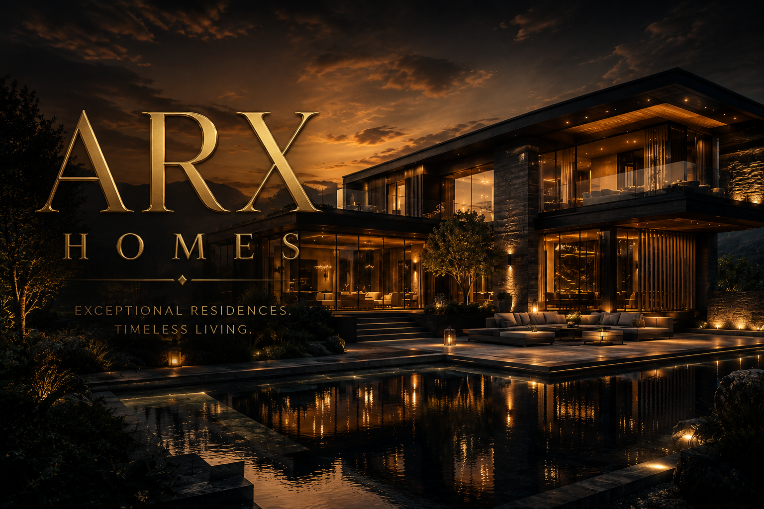 ARX Homes cinematic luxury modern residence with sculptural architecture, expansive glass walls, warm dusk lighting, reflective pool, and premium landscaped outdoor living.