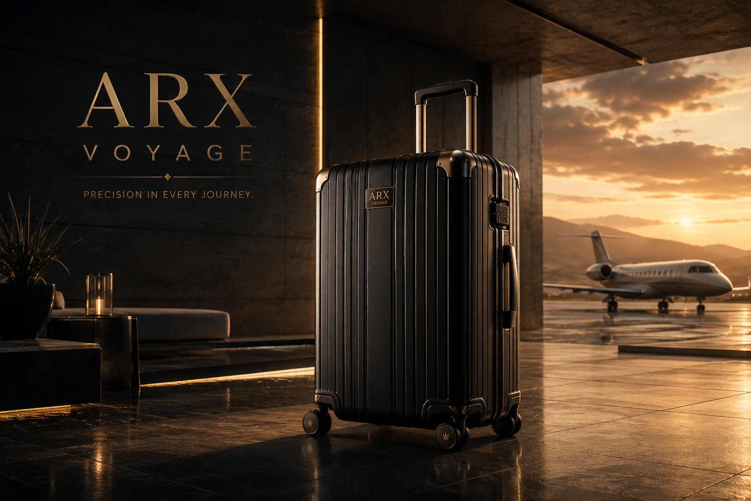 ARX VOYAGE luxury black suitcase with precision-engineered design displayed in a premium private airport lounge at golden hour