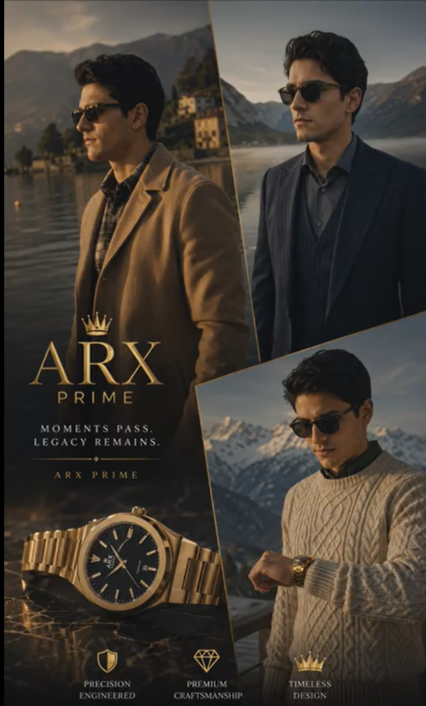 ARX Prime luxury watch campaign featuring a sophisticated man in alpine settings and a premium gold timepiece