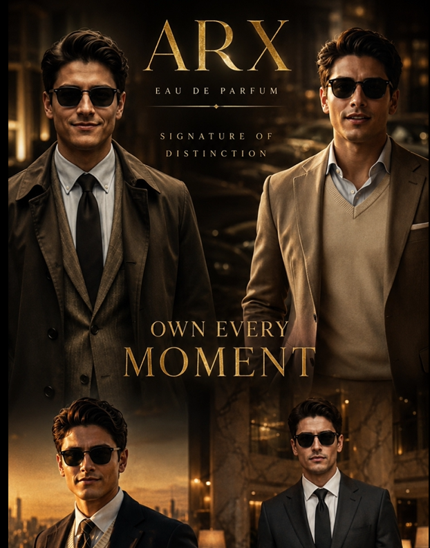 ARX Eau de Parfum luxury fragrance advertisement featuring four sophisticated men wearing premium formal attire and sunglasses