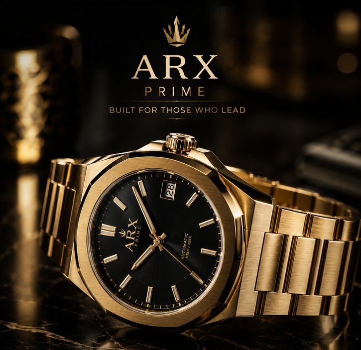 ARX Prime luxury gold automatic watch with a black dial and premium gold bracelet displayed in a cinematic setting